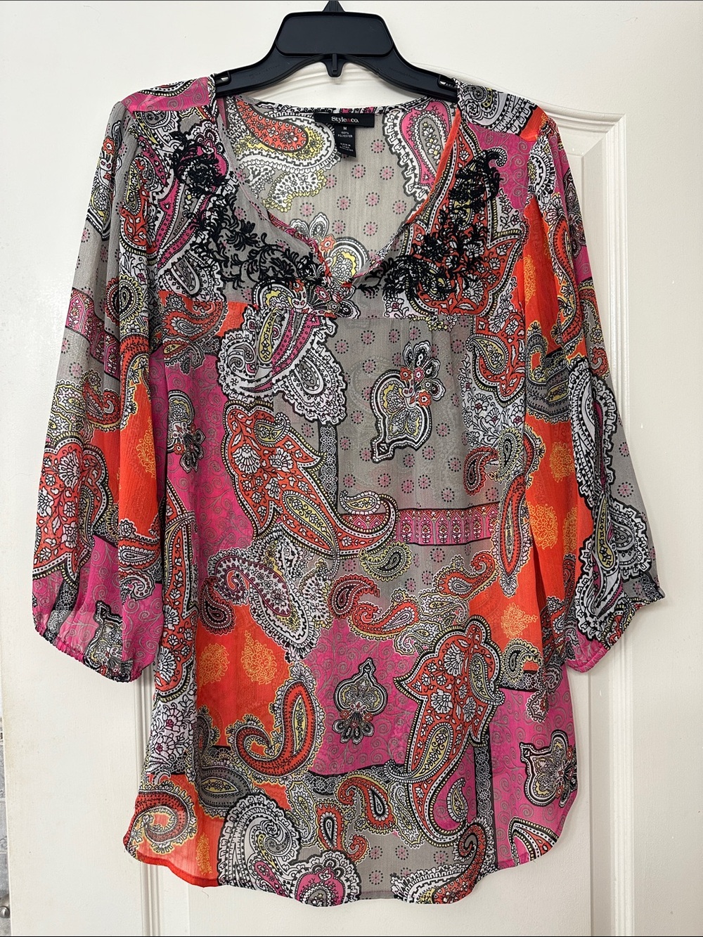 Style & Co. Sheer Paisley V-Neck Blouse in Gray with Pink & Orange Accents